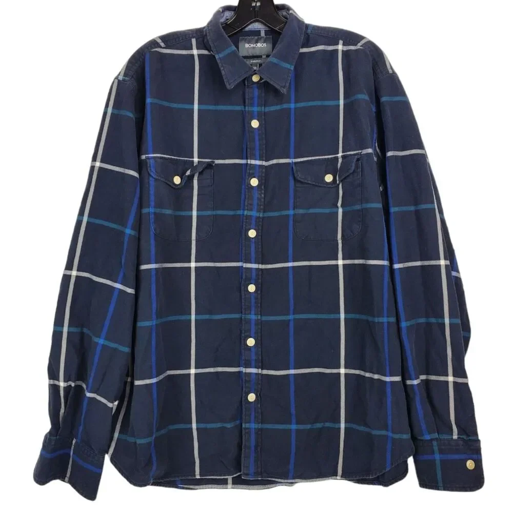 BONOBOS Shirt Mens XXL Blue Window Pane Plaid Standard Fit Button Down Preppy